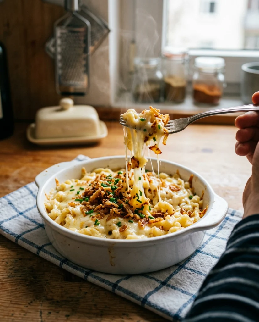 Käse-Spätzle Express mit Röstzwiebeln, fertig zum Servieren