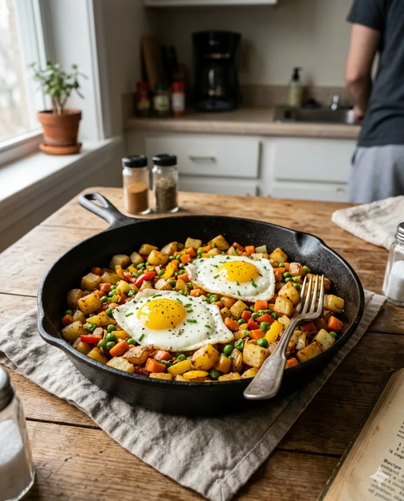 Kartoffel-Gemüse-Pfanne mit Spiegeleiern in der Pfanne