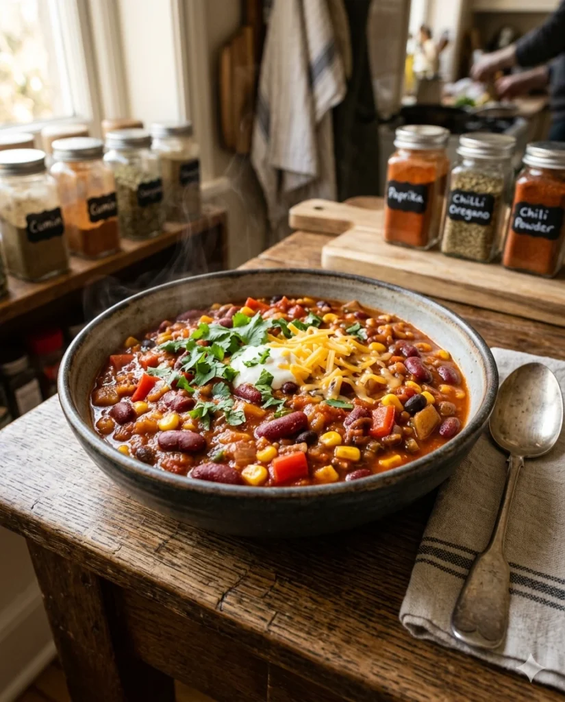 Vegetarisches Chili sin Carne mit Kidneybohnen, Mais und Paprika