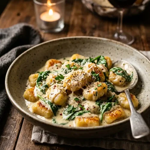 Knusprige Gnocchi Pfanne cremig mit Sahnesoße und Spinat