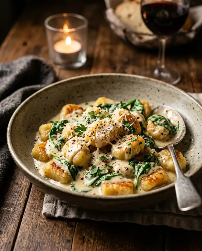 Knusprige Gnocchi Pfanne cremig mit Sahnesoße und Spinat