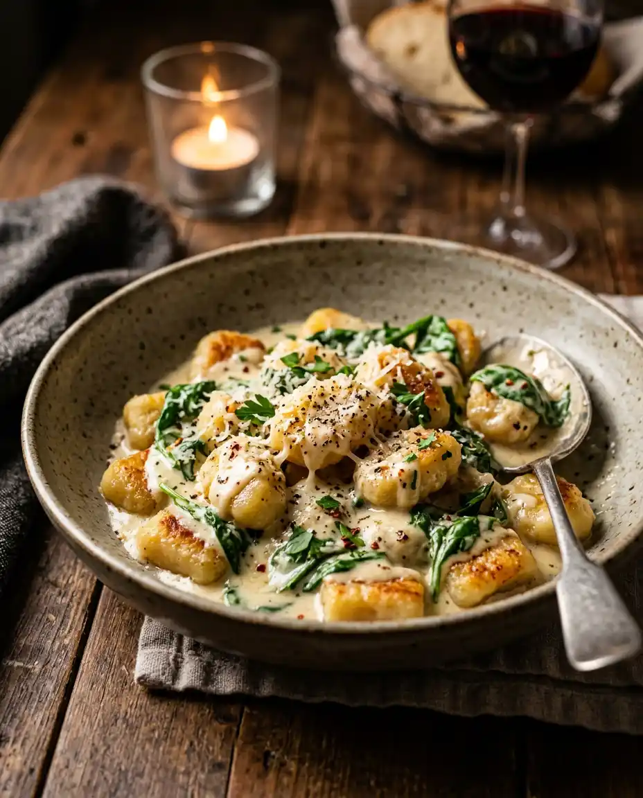 Knusprige Gnocchi Pfanne cremig mit Sahnesoße und Spinat