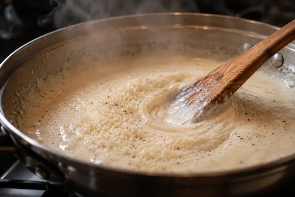 Cremige Parmesan Sauce wird in der Pfanne mit Holzlöffel gerührt