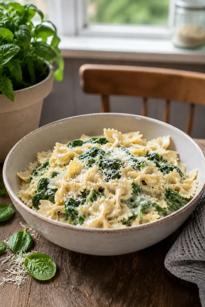 Cremige vegetarische Pasta mit frischem Spinat und Farfalle in einer Schüssel angerichtet