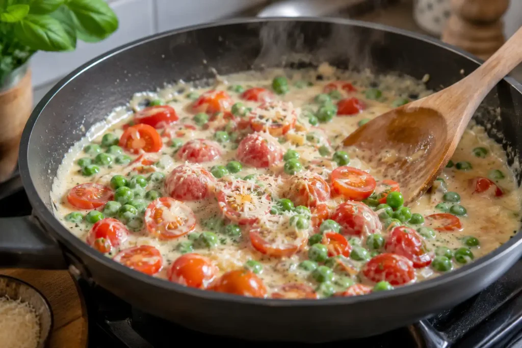 Cremige vegetarische Pastasauce mit Erbsen, Kirschtomaten, Sahne und Parmesan beim Kochen in einer Pfanne
