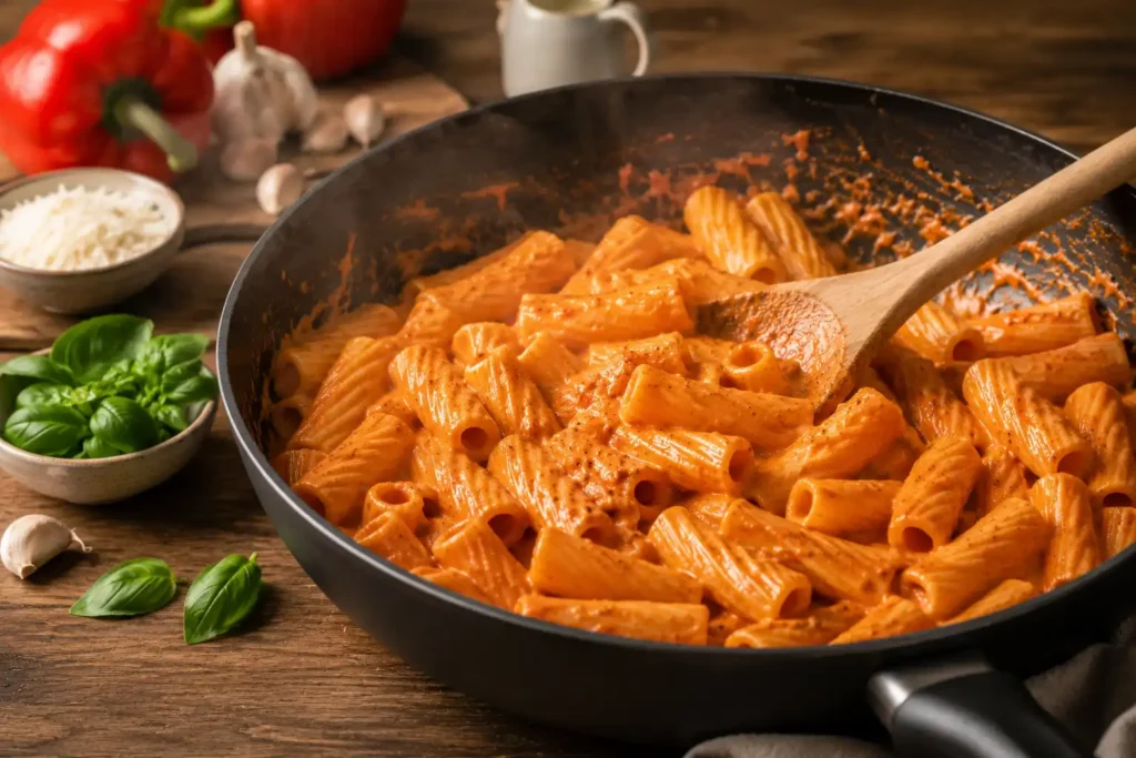 Frisch gekochte Rigatoni werden mit einer cremigen Paprika Sahne Sauce aus gerösteten roten Paprika vermengt.