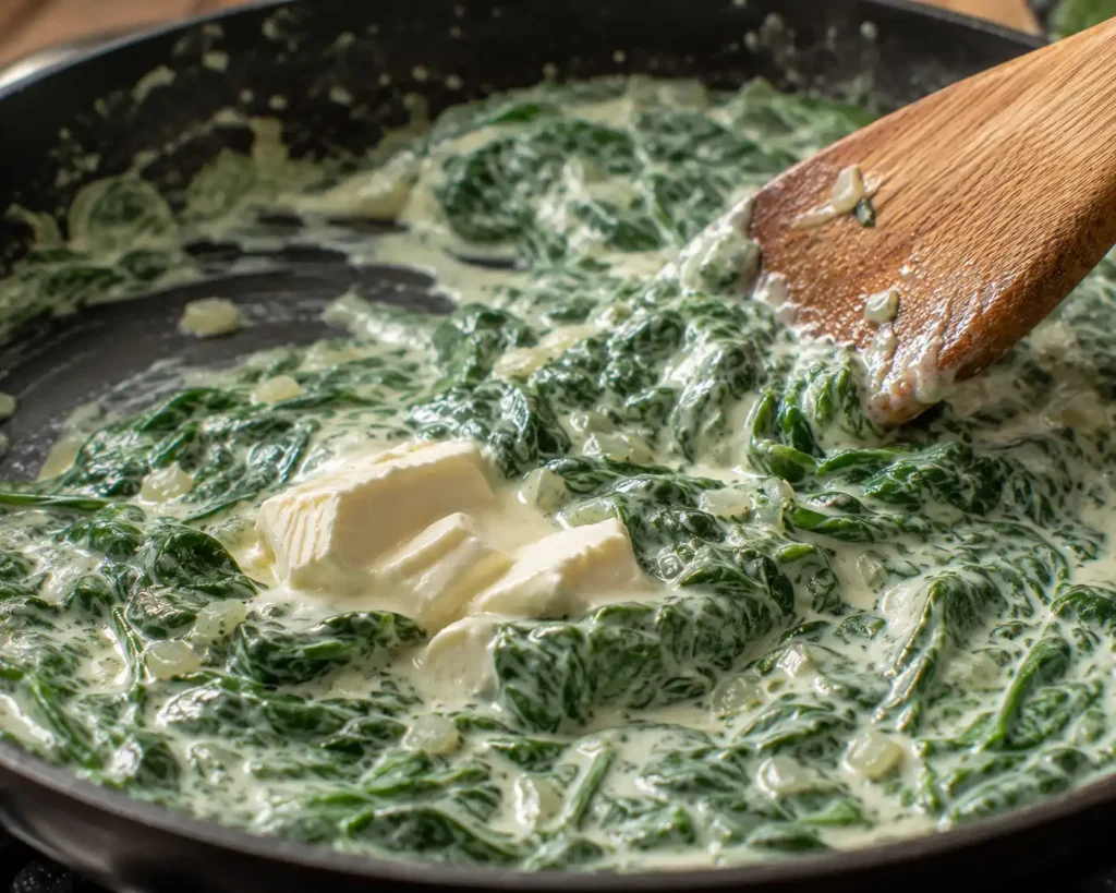 Frischkäse wird mit Spinat und Nudelwasser zu einer cremigen Sauce verrührt
