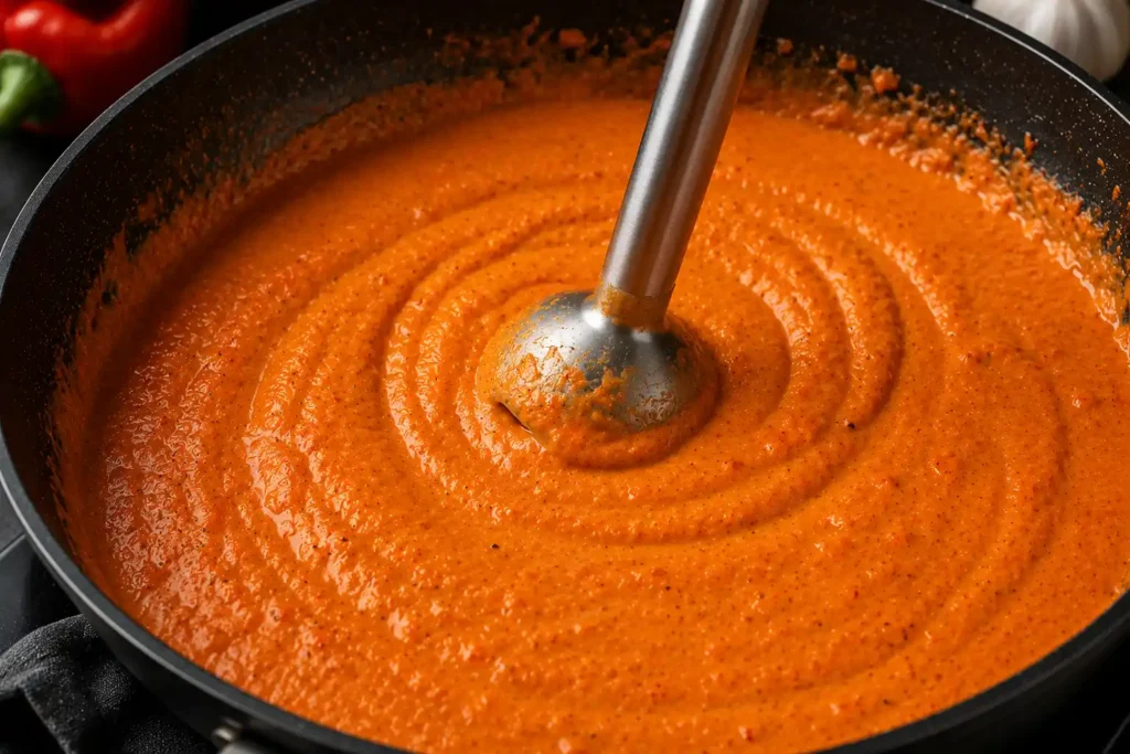 Geröstete Paprika werden mit Gemüsebrühe zu einer cremigen Paprika Sahne Sauce fein püriert.