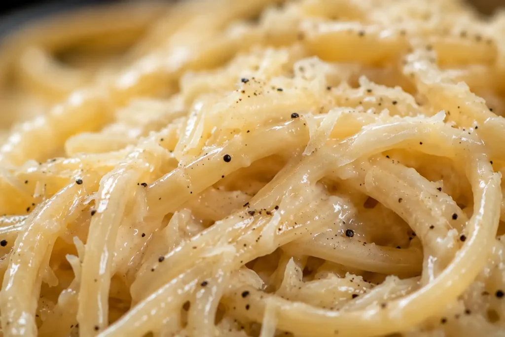 Nahaufnahme von cremiger Parmesan Pasta mit geschmolzenem Käse und Pfeffer