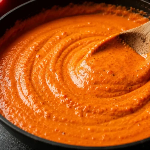 Hausgemachte Paprika Sahne Sauce – cremige Paprikasoße aus gerösteten roten Paprika, Sahne und Knoblauch.