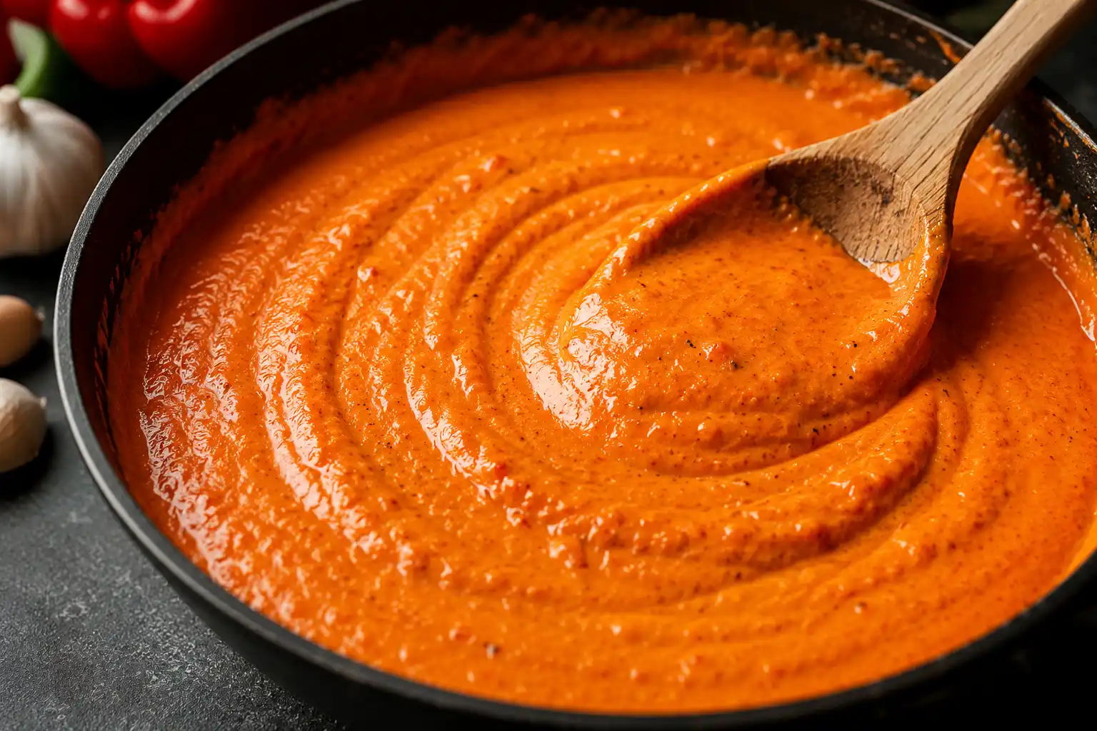 Hausgemachte Paprika Sahne Sauce – cremige Paprikasoße aus gerösteten roten Paprika, Sahne und Knoblauch.