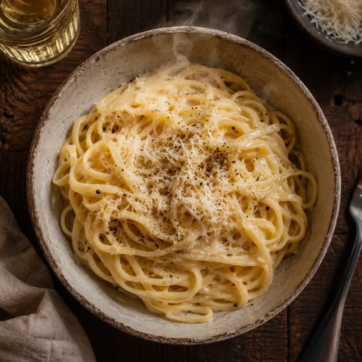 Cremige Parmesan Pasta in Schüssel mit frisch geriebenem Parmesan und schwarzem Pfeffer