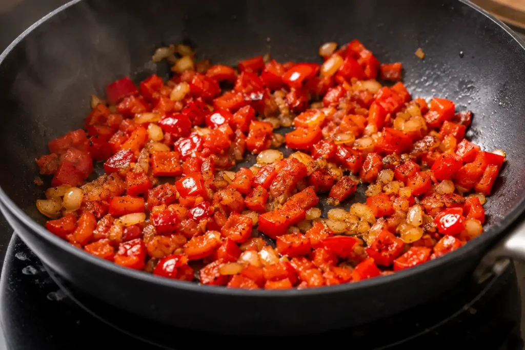 Rote Paprika und Zwiebeln werden in Olivenöl langsam angebraten, damit intensive Röstaromen für die Paprika Sahne Sauce entstehen.