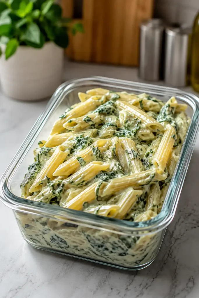 Spinat Frischkäse Pasta als Meal Prep in einer Frischhaltedose