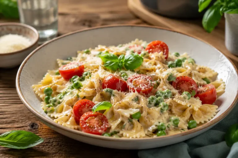 Vegetarische Pasta cremig mit Farfalle, Erbsen, Kirschtomaten und Parmesan in einer Keramikschüssel
