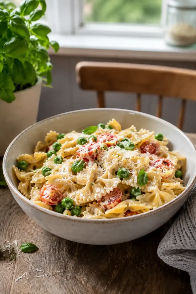 Vegetarische Pasta cremig mit Farfalle, Erbsen, Kirschtomaten und Parmesan in einer Keramikschüssel serviert