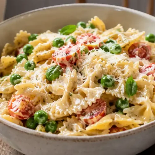 Vegetarische Pasta cremig mit Farfalle, Erbsen, Kirschtomaten und Parmesan in einer Keramikschüssel serviert