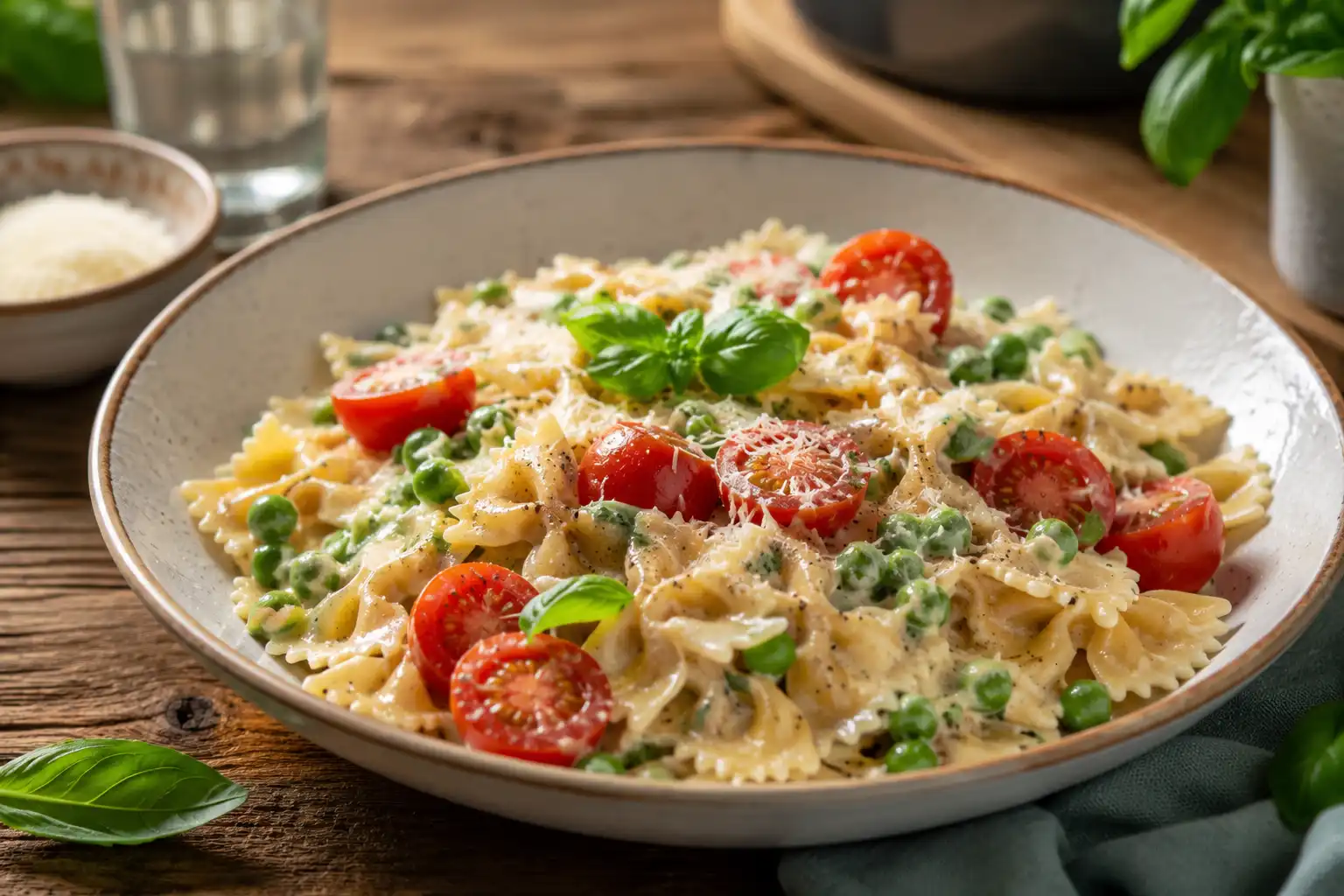 Vegetarische Pasta cremig mit Farfalle, Erbsen, Kirschtomaten und Parmesan in einer Keramikschüssel