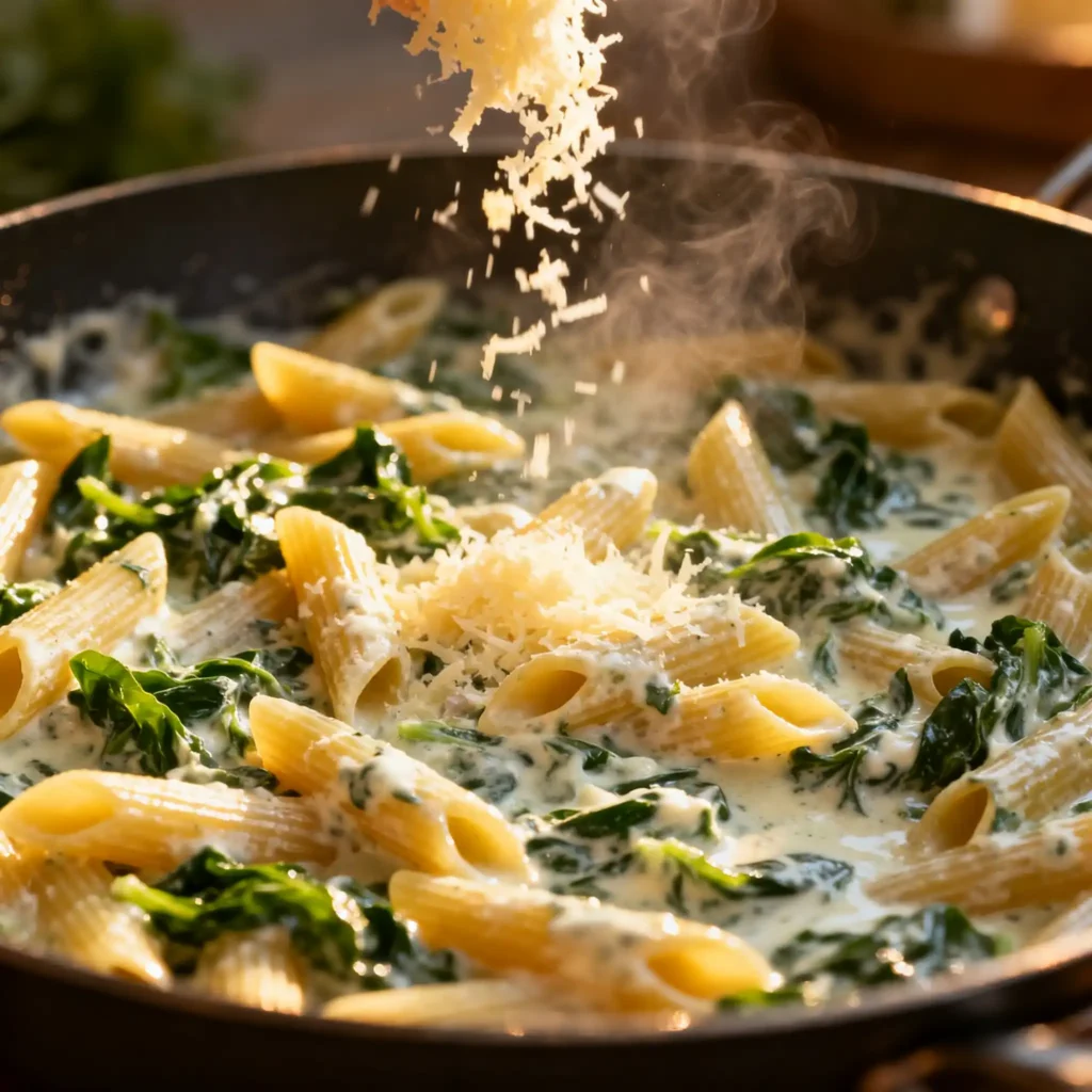 Vegetarische Pasta mit Spinat und Frischkäse frisch serviert