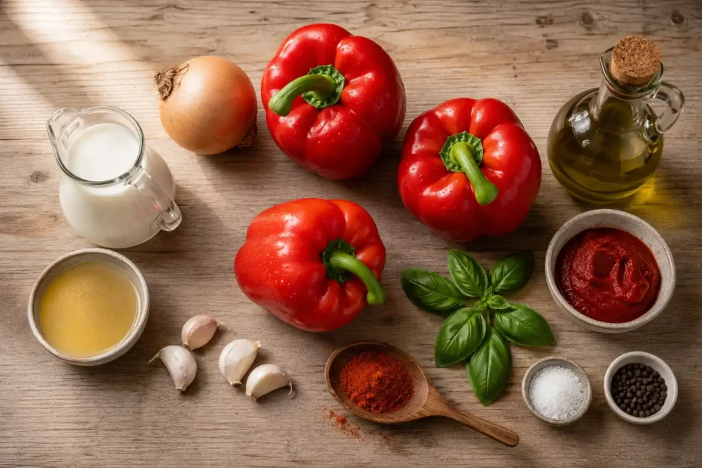 Frische Zutaten für hausgemachte Paprika Sahne Sauce: rote Paprika, Zwiebel, Knoblauch, Sahne, Gemüsebrühe, Tomatenmark, Olivenöl sowie Paprikapulver, Salz und Pfeffer.