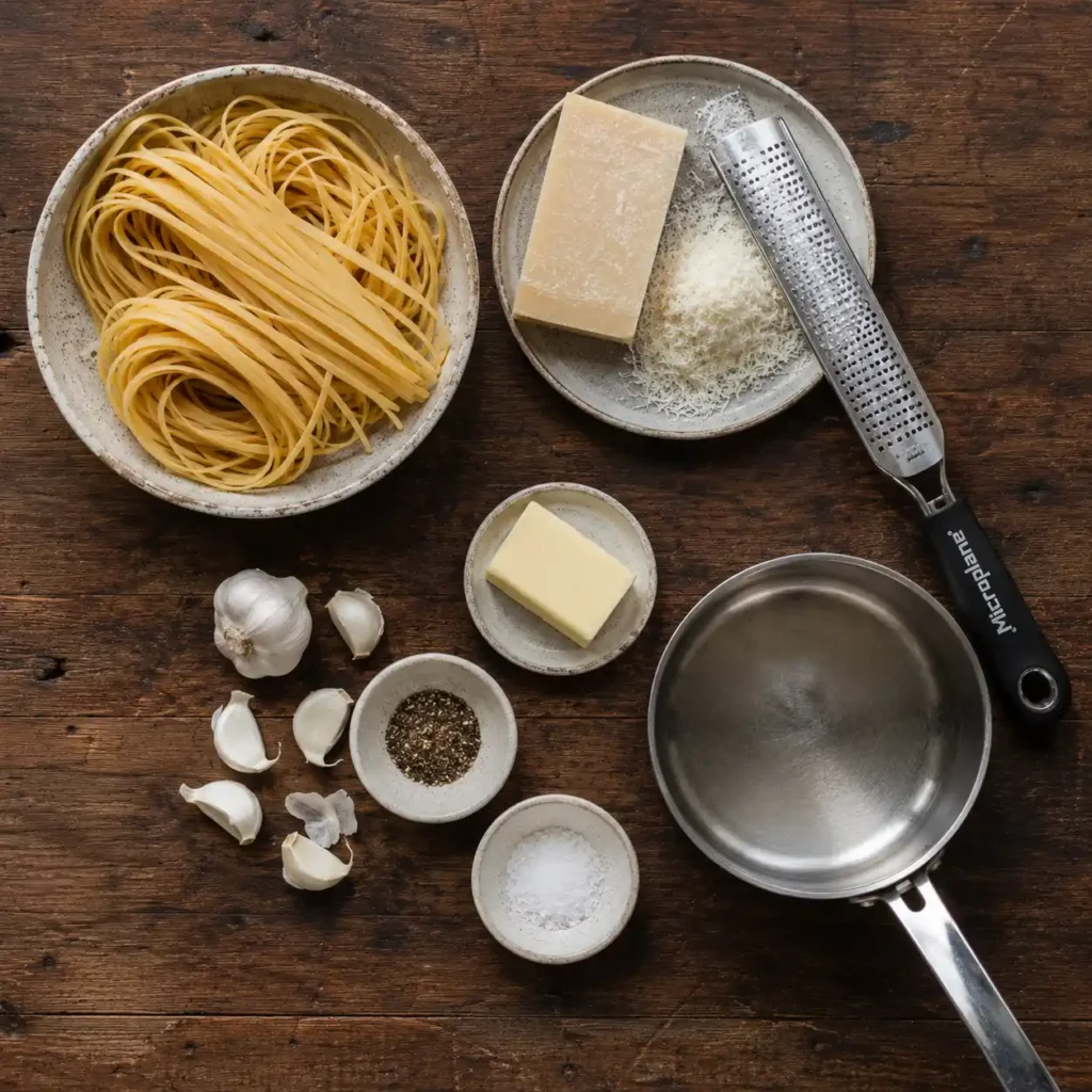 Zutaten für Parmesan Pasta Rezept – Pasta, Parmesan, Butter, Knoblauch und Pfeffer