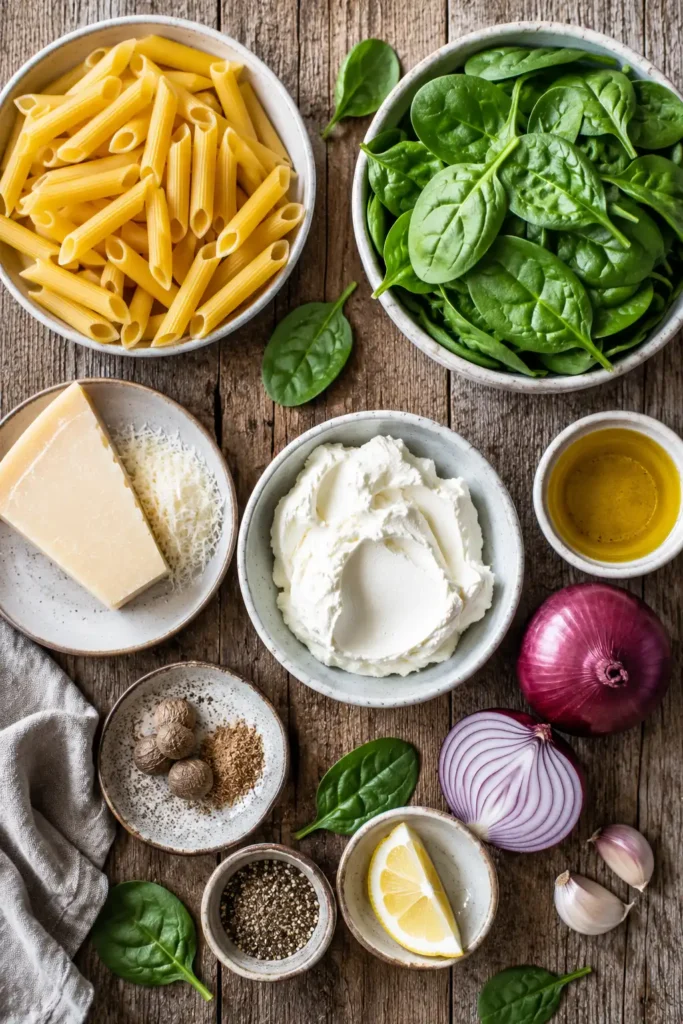 Zutaten für Spinat Frischkäse Pasta mit Spinat, Frischkäse, Penne, Zwiebel und Knoblauch
