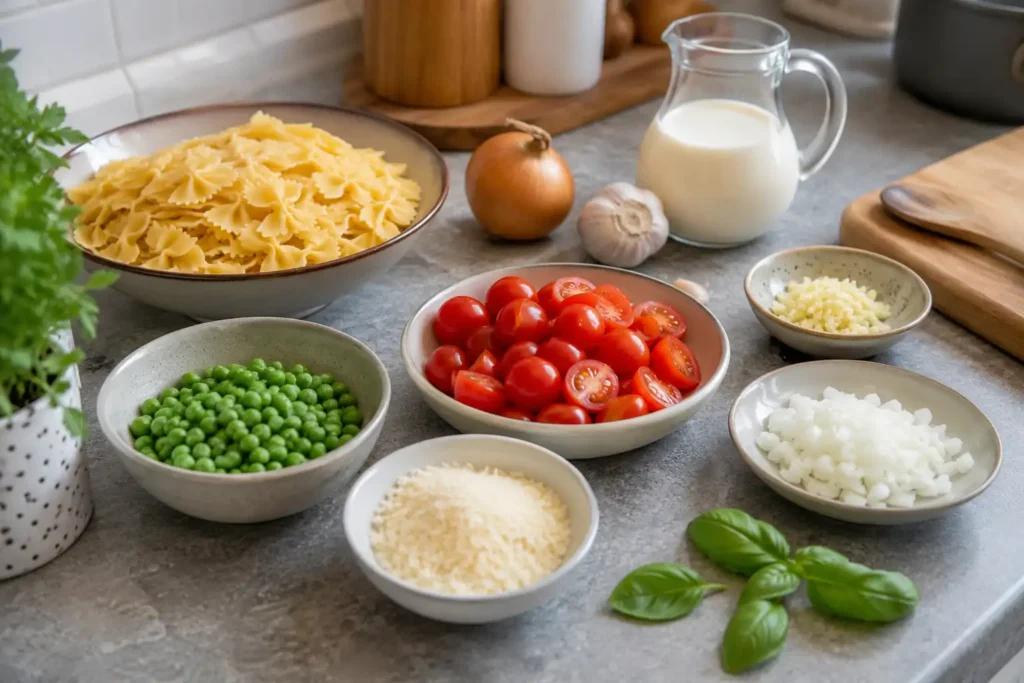 Zutaten für cremige vegetarische Pasta mit Farfalle, Kirschtomaten, Erbsen, Sahne, Parmesan, Zwiebel und Knoblauch auf einem Holztisch