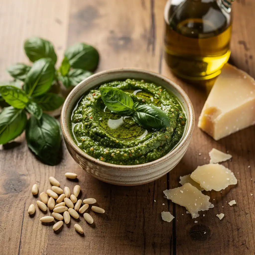 Frisches Basilikum-Pesto mit Parmesan und Pinienkernen