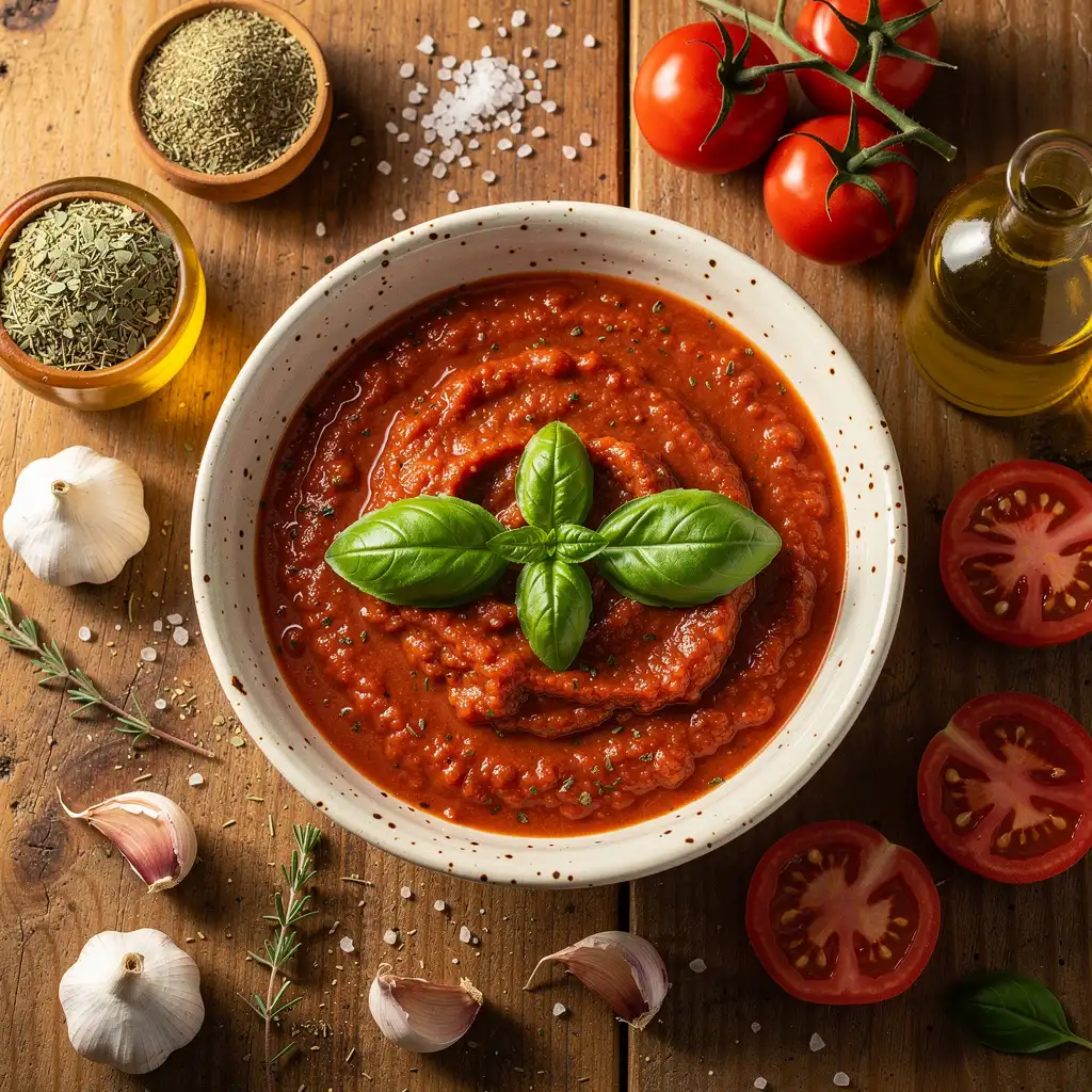 Klassische Marinara-Sauce mit Tomaten, Knoblauch und frischem Basilikum