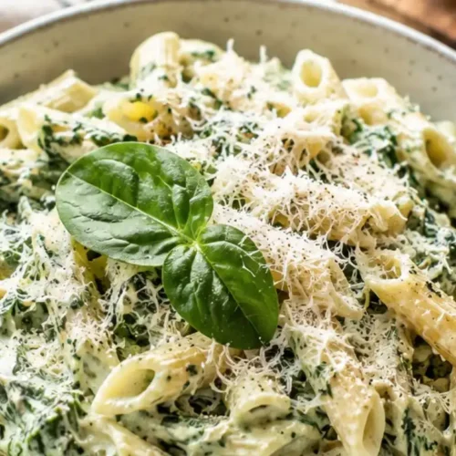 Cremige Spinat Frischkäse Pasta mit Penne, Spinat und Parmesan in einer weißen Schüssel