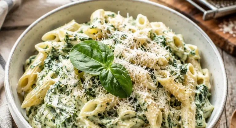Cremige Spinat Frischkäse Pasta mit Penne, Spinat und Parmesan in einer weißen Schüssel