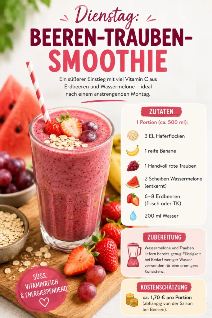 Beeren-Trauben-Smoothie mit Erdbeeren, Wassermelone und roten Trauben – Dienstags-Rezept aus dem 5-Tage-Smoothie-Plan