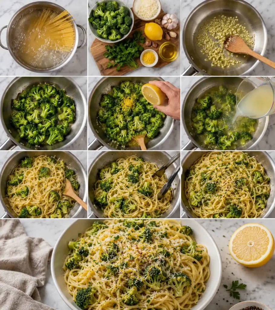 Brokkoli und Pasta mit Zitronensauce in der Pfanne