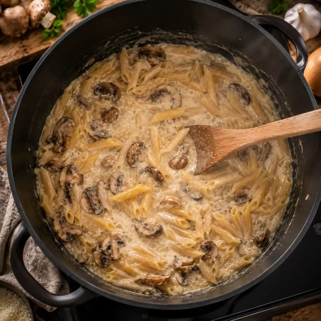 Champignon Pasta One Pot nach fünf Minuten Kochzeit mit cremiger Sauce und weich werdenden Champignons.