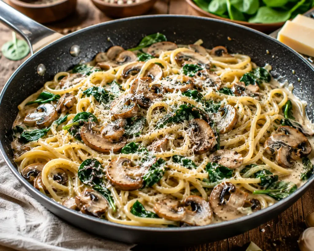Champignon Pasta mit Spinat wird in der Pfanne mit cremiger Sahnesauce, braunen Champignons, frischem Spinat und Parmesan fertig gekocht.