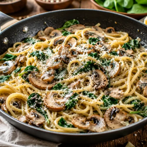 Pasta mit Champignons und Knoblauch ohne Sahne auf einem Teller mit Petersilie und Olivenöl