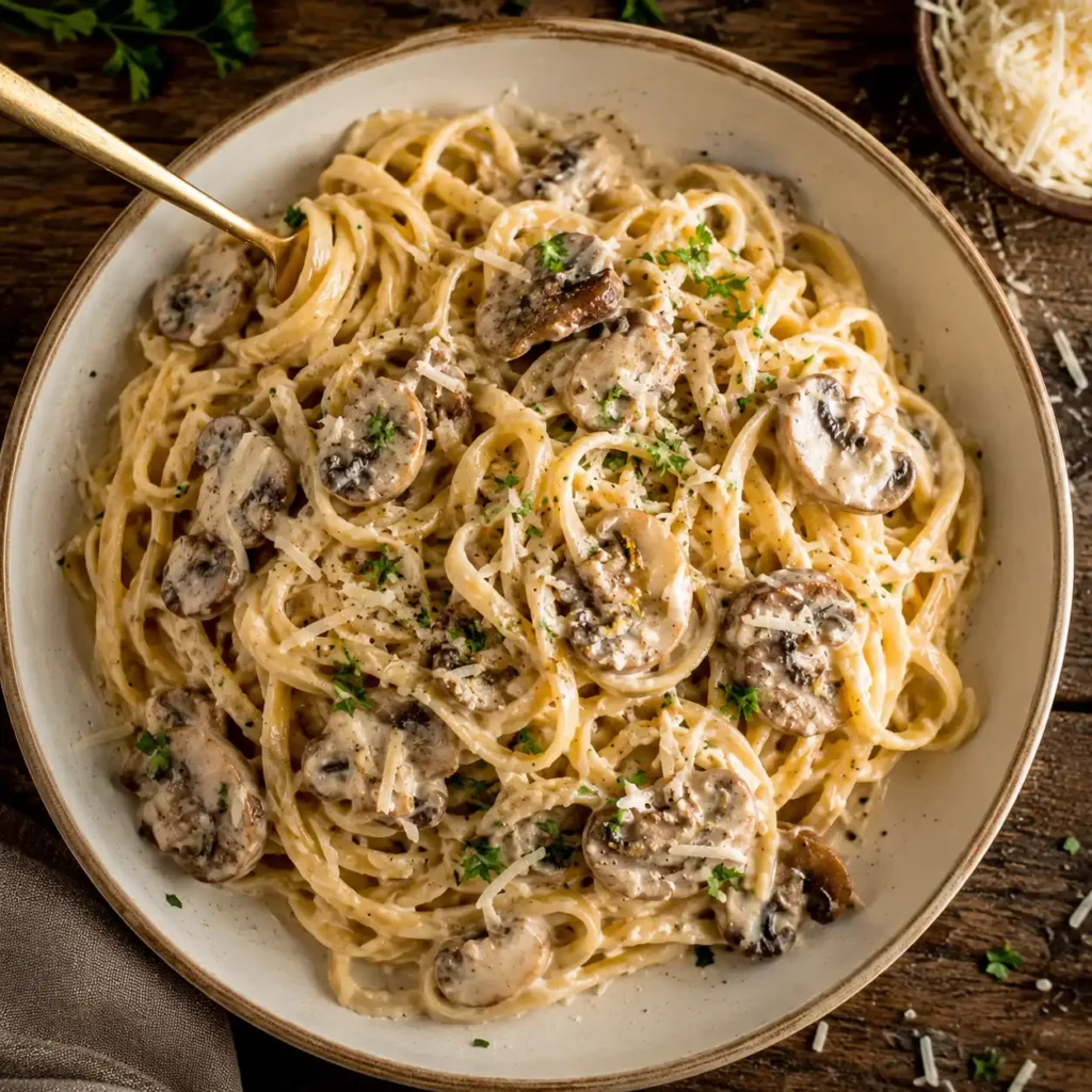 Cremige Champignon Parmesan Pasta ohne Sahne mit goldbraunen Champignons, frisch geriebenem Parmesan und Petersilie auf einem weißen Teller.