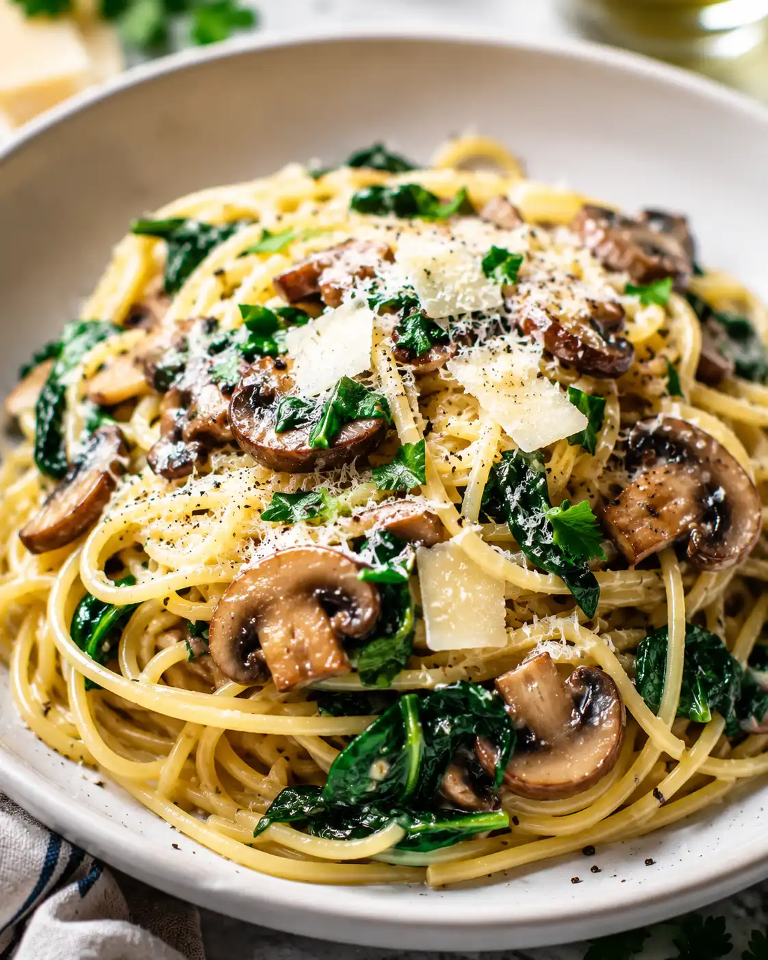 Cremige Champignon Pasta mit Spinat auf einem Teller, garniert mit frischem Parmesan und Petersilie – einfaches Pasta-Rezept in 20 Minuten.