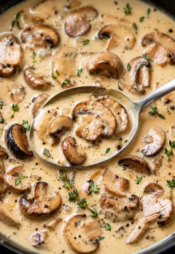 Cremige Champignon Sahnesauce für Pasta mit braunen Champignons, Sahne und frischen Kräutern in einer Pfanne.