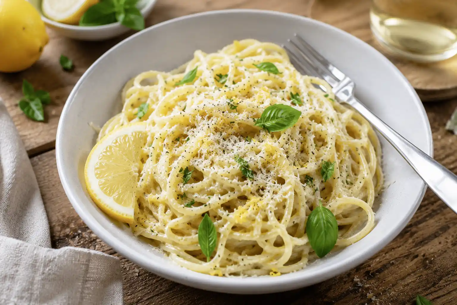 Cremige Zitronen Pasta mit Parmesan und frischer Zitronenzeste serviert