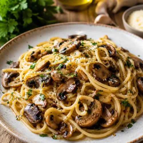 Pasta mit Champignons und Knoblauch ohne Sahne auf einem Teller mit Petersilie und Olivenöl