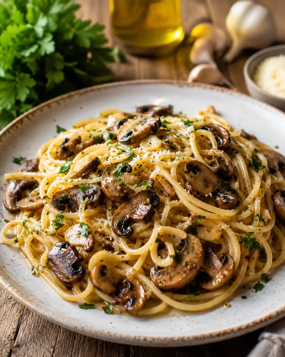 Pasta mit Champignons und Knoblauch ohne Sahne auf einem Teller mit Petersilie und Olivenöl