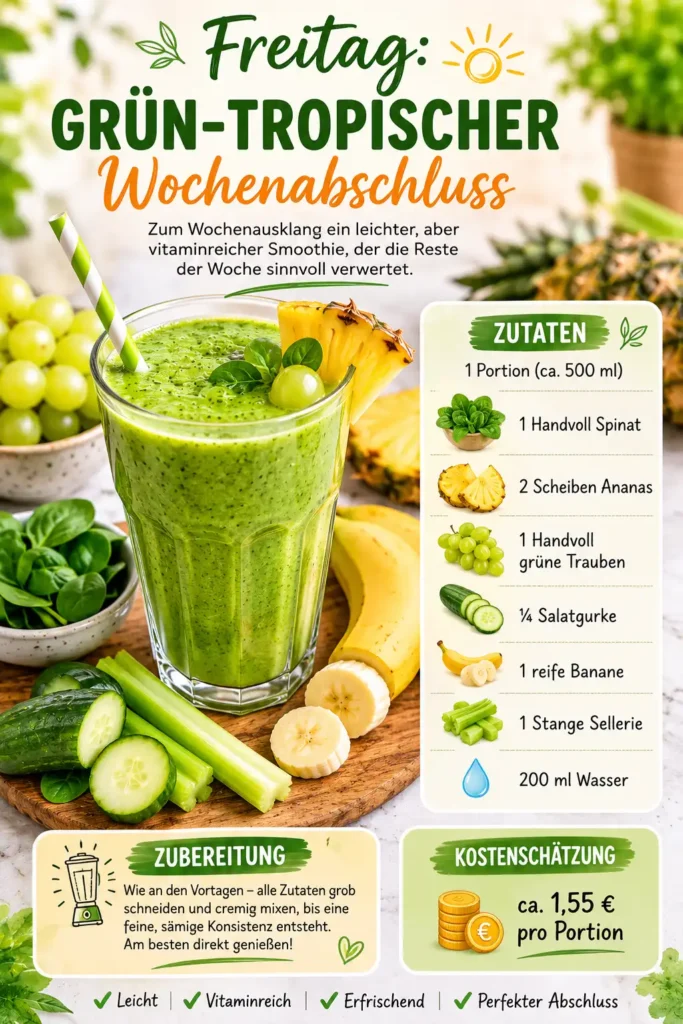 Grün-tropischer Wochenabschluss-Smoothie mit Spinat, Ananas und Banane – Freitags-Rezept aus dem 5-Tage-Smoothie-Plan