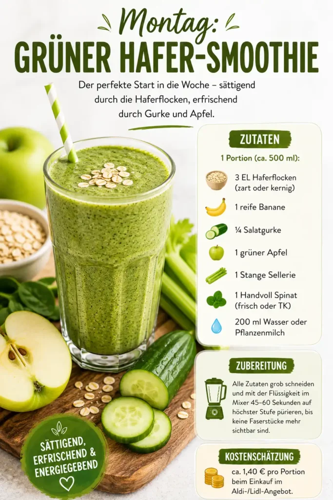 Grüner Hafer-Smoothie mit Banane, Gurke, Apfel und Spinat im Glas – Montags-Rezept aus dem 5-Tage-Smoothie-Plan