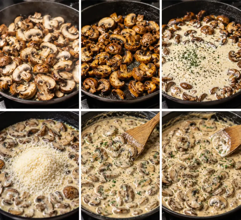 Schritt-für-Schritt Zubereitung der Champignon Sahnesauce für Pasta – Champignons anbraten, Sahnesauce kochen und Parmesan einrühren.