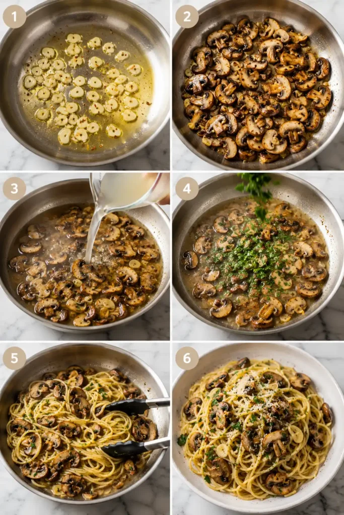 Schritt-für-Schritt-Zubereitung von Pasta mit Champignons und Knoblauch ohne Sahne – Knoblauch anbraten, Champignons braten, Nudelwasser zugeben, Pasta vermengen und servieren.