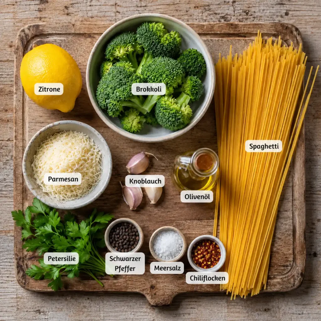 Zutaten für Brokkoli Zitronen Pasta