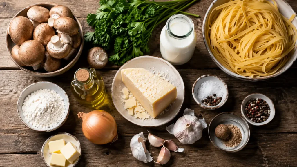 Zutaten für Champignon Parmesan Pasta: braune Champignons, Pasta, Parmesan, Milch, Butter, Mehl, Zwiebel, Knoblauch und Petersilie.