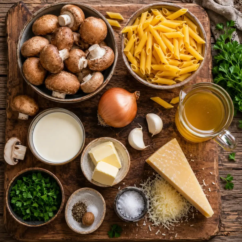 Zutaten für Champignon Pasta One Pot: braune Champignons, Penne, Zwiebel, Knoblauch, Sahne, Gemüsebrühe, Parmesan und Petersilie.