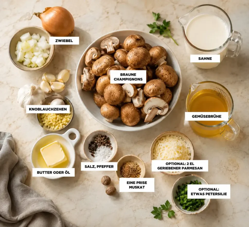 Zutaten für Champignon Sahnesauce für Pasta: braune Champignons, Sahne, Gemüsebrühe, Zwiebel, Knoblauch, Butter, Parmesan und Gewürze.